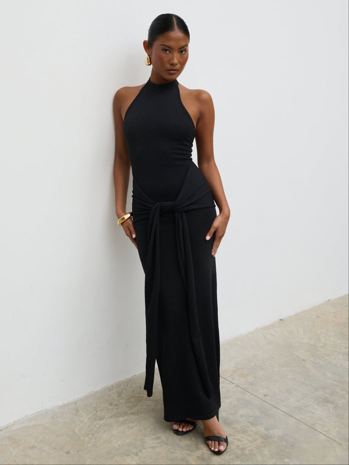 Elle Is 5'3" & Wears Size UK XS|Bernelle Halterneck Tie Waist Knit Midaxi Dress - Black