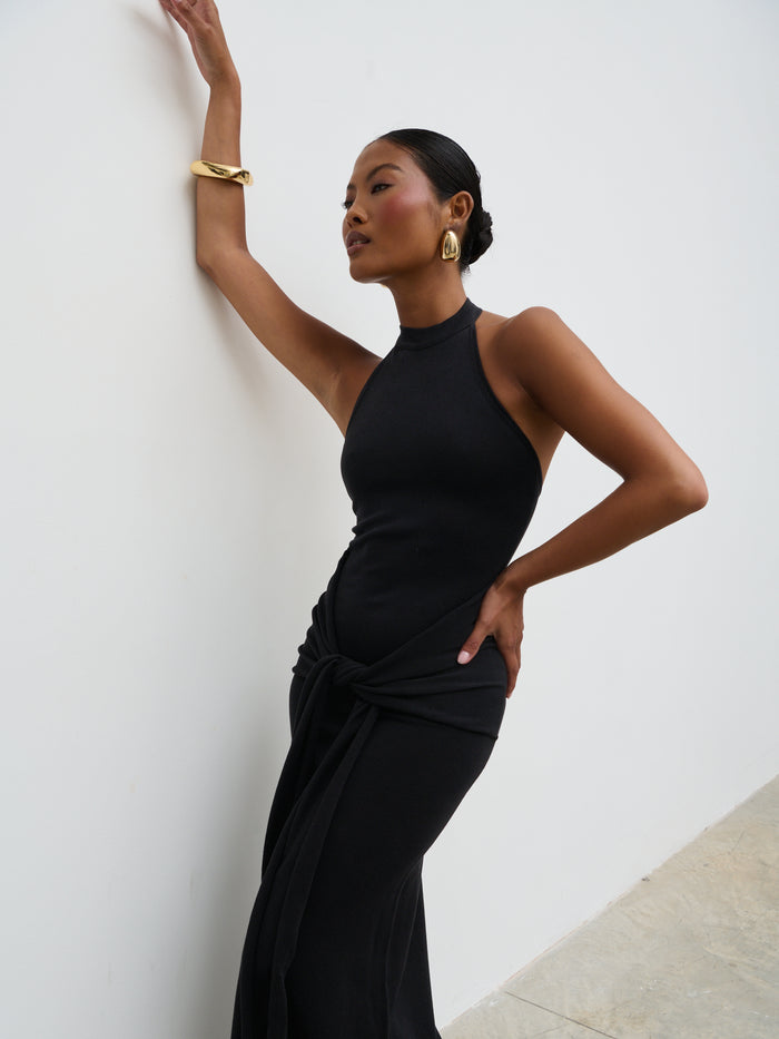Elle Is 5'3" & Wears Size UK XS|Bernelle Halterneck Tie Waist Knit Midaxi Dress - Black