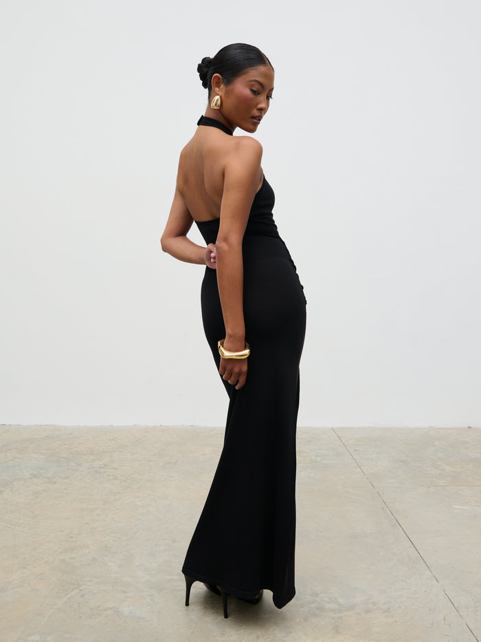 Elle Is 5'3" & Wears Size UK XS|Bernelle Halterneck Tie Waist Knit Midaxi Dress - Black