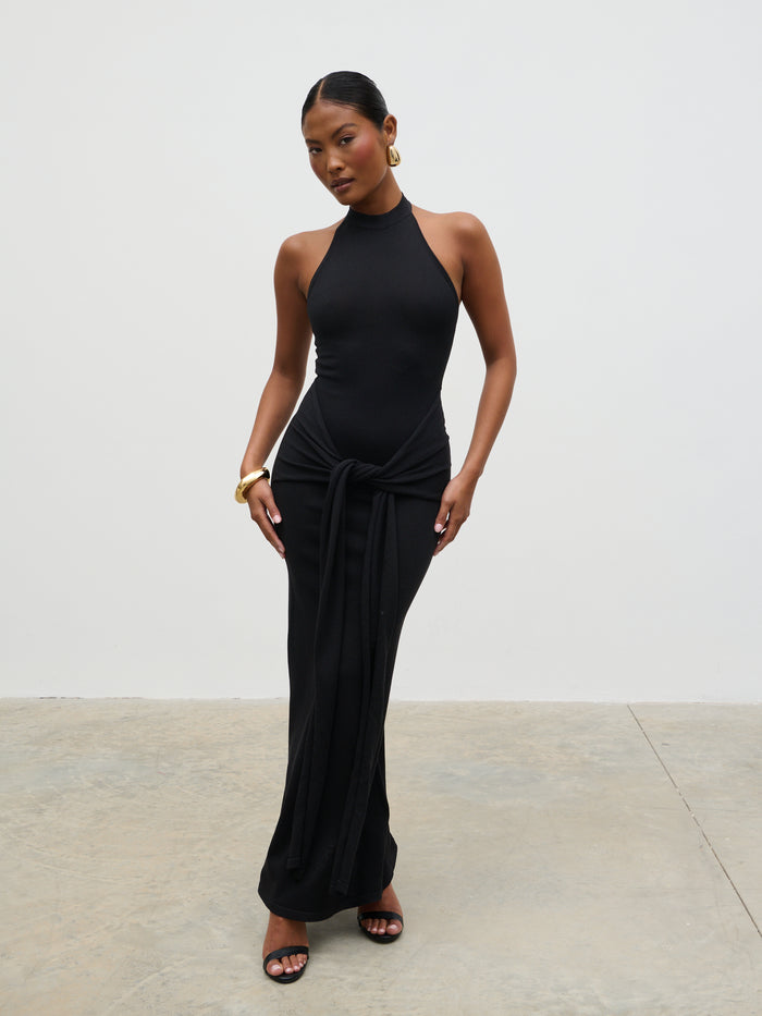 Elle Is 5'3" & Wears Size UK XS|Bernelle Halterneck Tie Waist Knit Midaxi Dress - Black