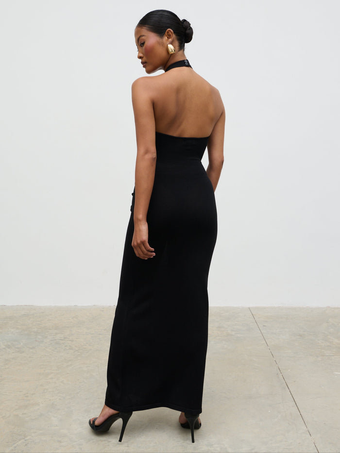 Elle Is 5'3" & Wears Size UK XS|Bernelle Halterneck Tie Waist Knit Midaxi Dress - Black