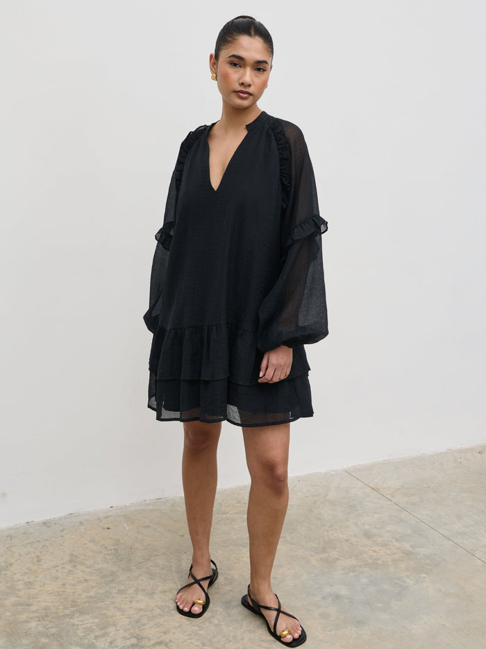 Candy Is 5'6" & Wears Size UK 8|Betsy Long Sleeve Mini Dress - Black