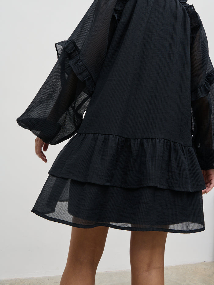 Candy Is 5'6" & Wears Size UK 8|Betsy Long Sleeve Mini Dress - Black