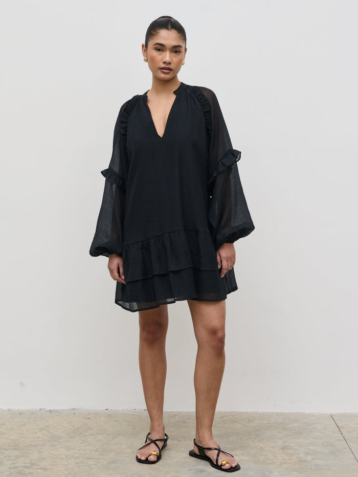 Candy Is 5'6" & Wears Size UK 8|Betsy Long Sleeve Mini Dress - Black