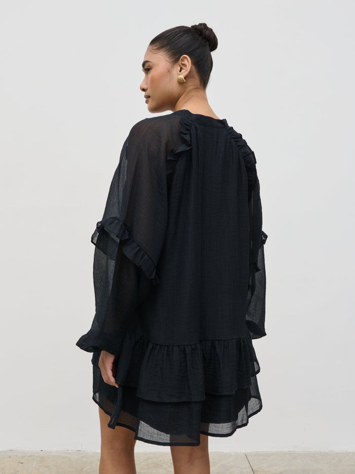 Candy Is 5'6" & Wears Size UK 8|Betsy Long Sleeve Mini Dress - Black