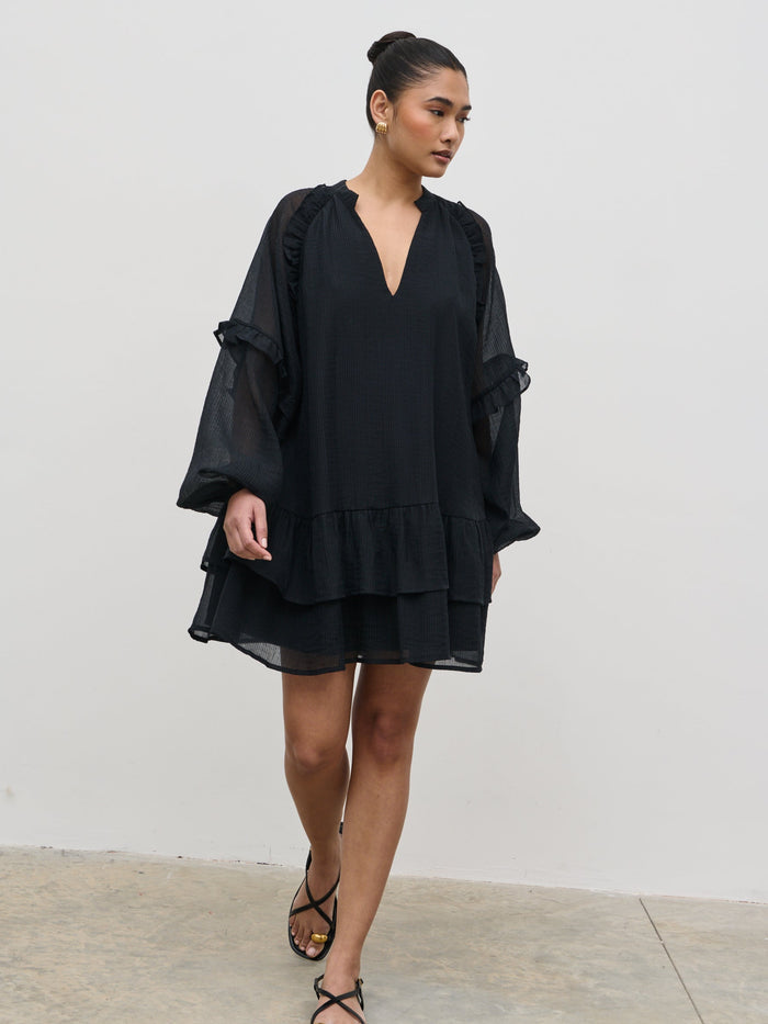 Candy Is 5'6" & Wears Size UK 8|Betsy Long Sleeve Mini Dress - Black