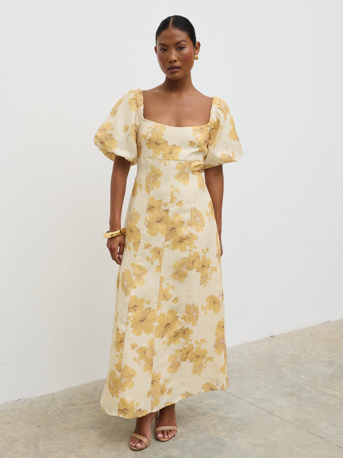 Elle Is 5'3" & Wears Size UK 6|Bette Printed Puff Sleeve Midaxi Dress - Yellow Ochre Floral