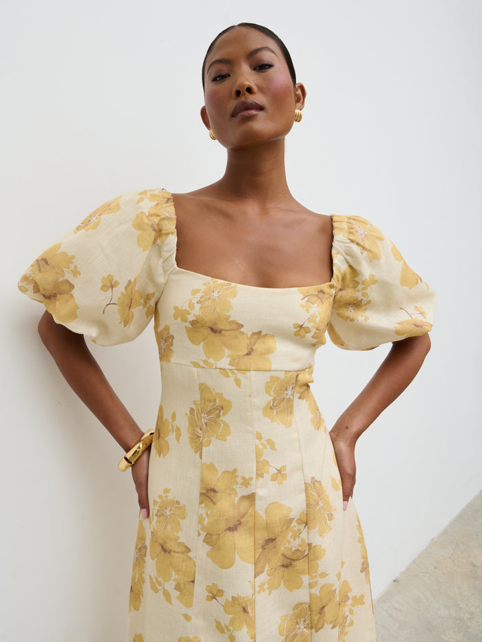 Elle Is 5'3" & Wears Size UK 6|Bette Printed Puff Sleeve Midaxi Dress - Yellow Ochre Floral