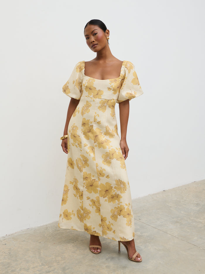 Elle Is 5'3" & Wears Size UK 6|Bette Printed Puff Sleeve Midaxi Dress - Yellow Ochre Floral