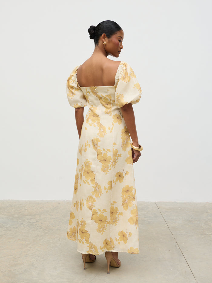 Elle Is 5'3" & Wears Size UK 6|Bette Printed Puff Sleeve Midaxi Dress - Yellow Ochre Floral