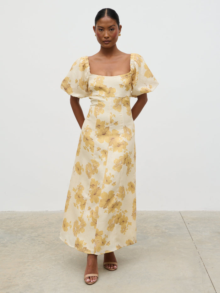 Elle Is 5'3" & Wears Size UK 6|Bette Printed Puff Sleeve Midaxi Dress - Yellow Ochre Floral