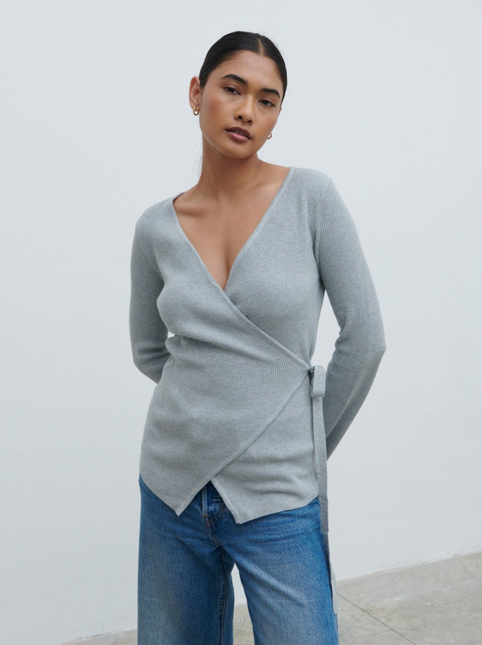 Candy Is 5'6" & Wears Size UK S|Bettie Wrap Knit Cardigan - Grey Marl