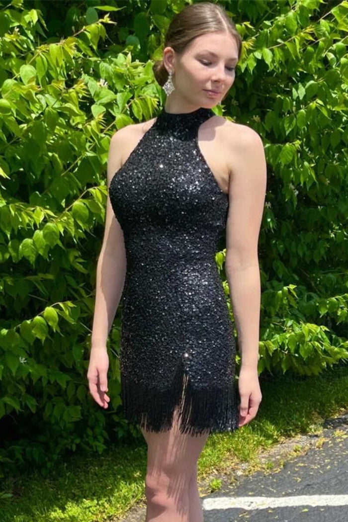 Black Sequins Halter Tassel Mini Party Dress