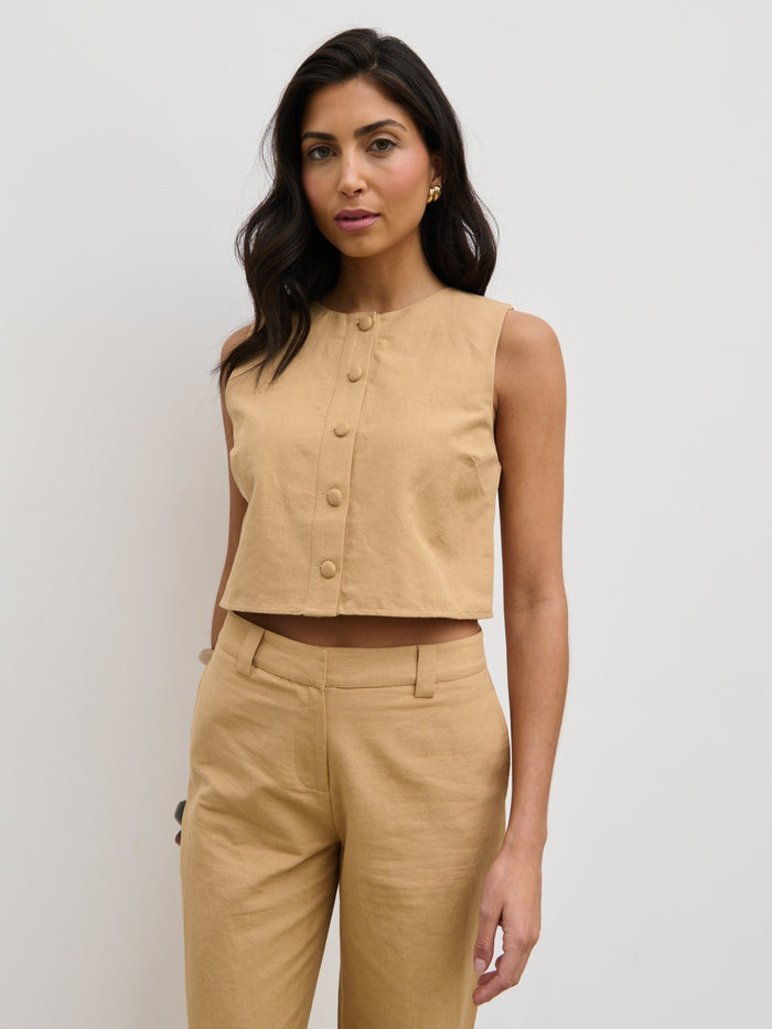 Lygia Is 5'9" & Wears Size UK 8|Blair Cropped Button Top - Camel