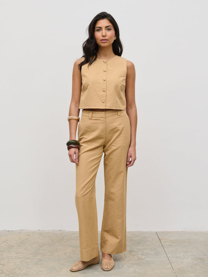 Lygia Is 5'9" & Wears Size UK 8|Blair Cropped Button Top - Camel