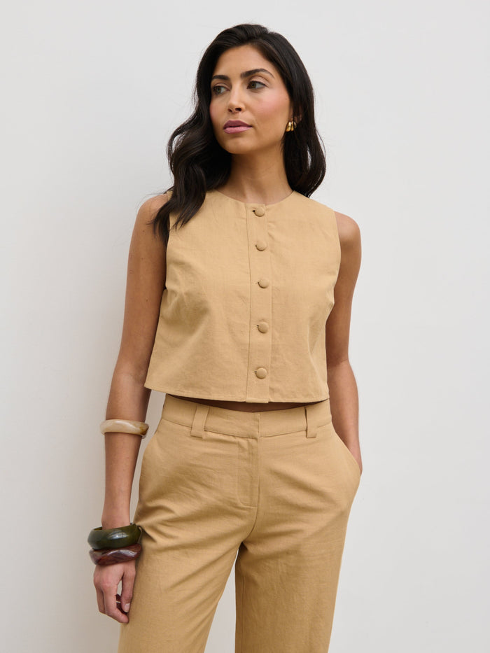 Lygia Is 5'9" & Wears Size UK 8|Blair Cropped Button Top - Camel