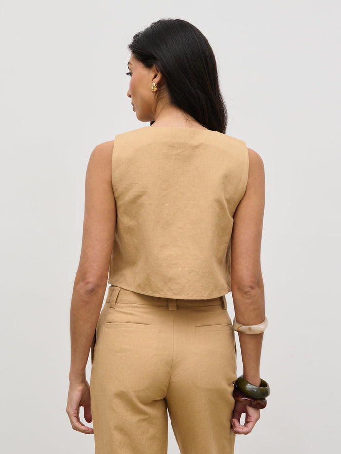 Lygia Is 5'9" & Wears Size UK 8|Blair Cropped Button Top - Camel
