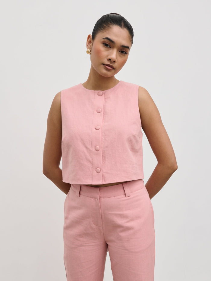 Candy Is 5'6" & Wears Size UK 8|Blair Cropped Button Top - Pink