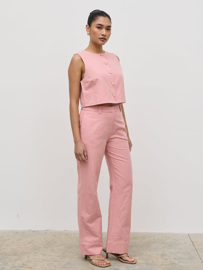 Candy Is 5'6" & Wears Size UK 8|Blair Cropped Button Top - Pink