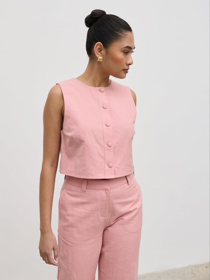 Candy Is 5'6" & Wears Size UK 8|Blair Cropped Button Top - Pink