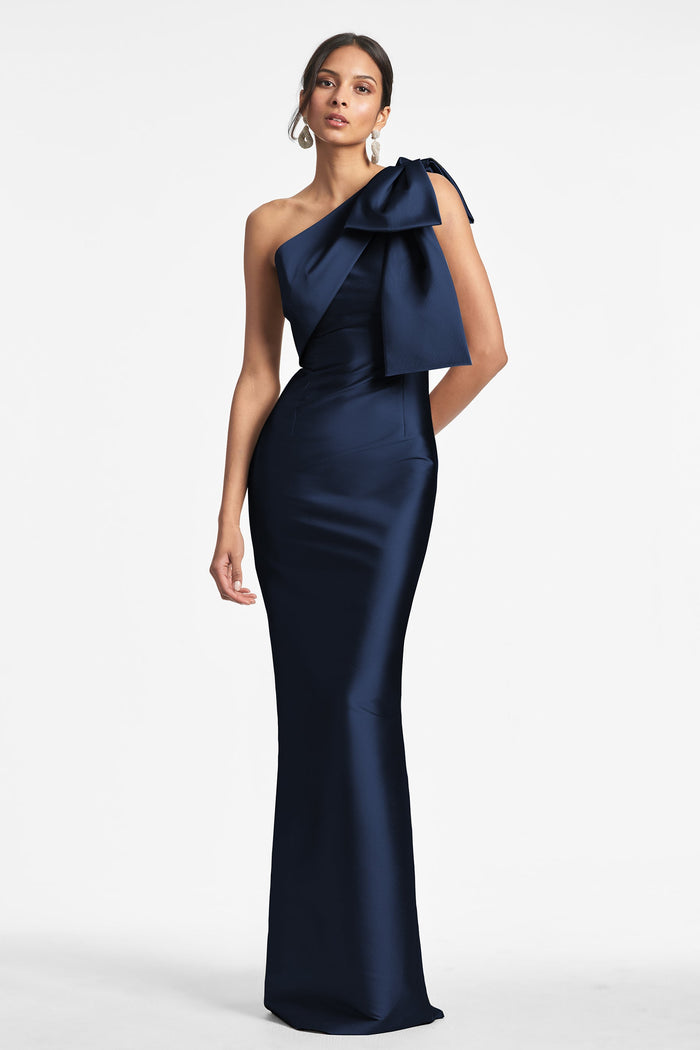 BONNIE NAVY BLUE MIKADO ONE SHOULDER COLUMN GOWN