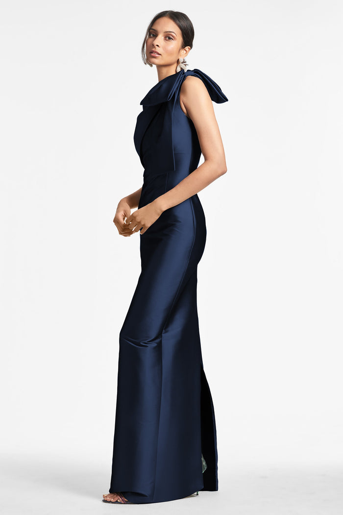 BONNIE NAVY BLUE MIKADO ONE SHOULDER COLUMN GOWN