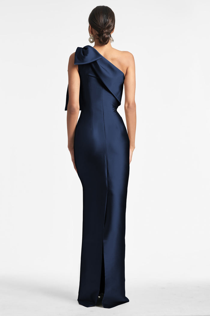 BONNIE NAVY BLUE MIKADO ONE SHOULDER COLUMN GOWN