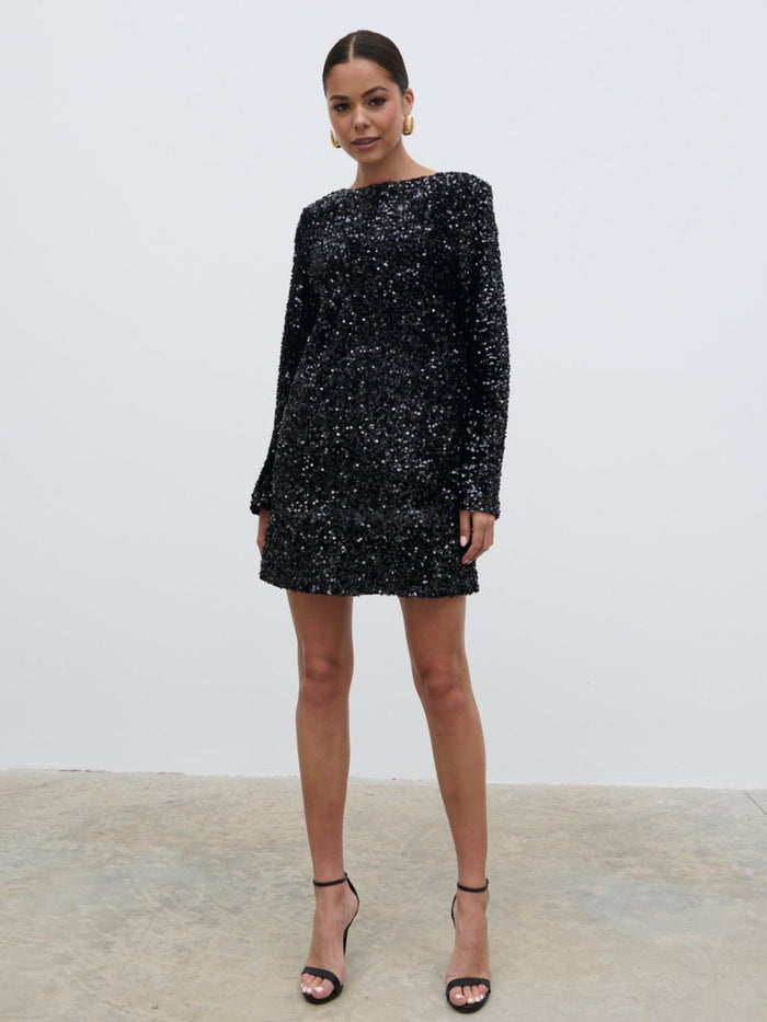 Elissa Is 5'8.5" & Wears Size UK 8|Bow Sequin Shift Dress - Black
