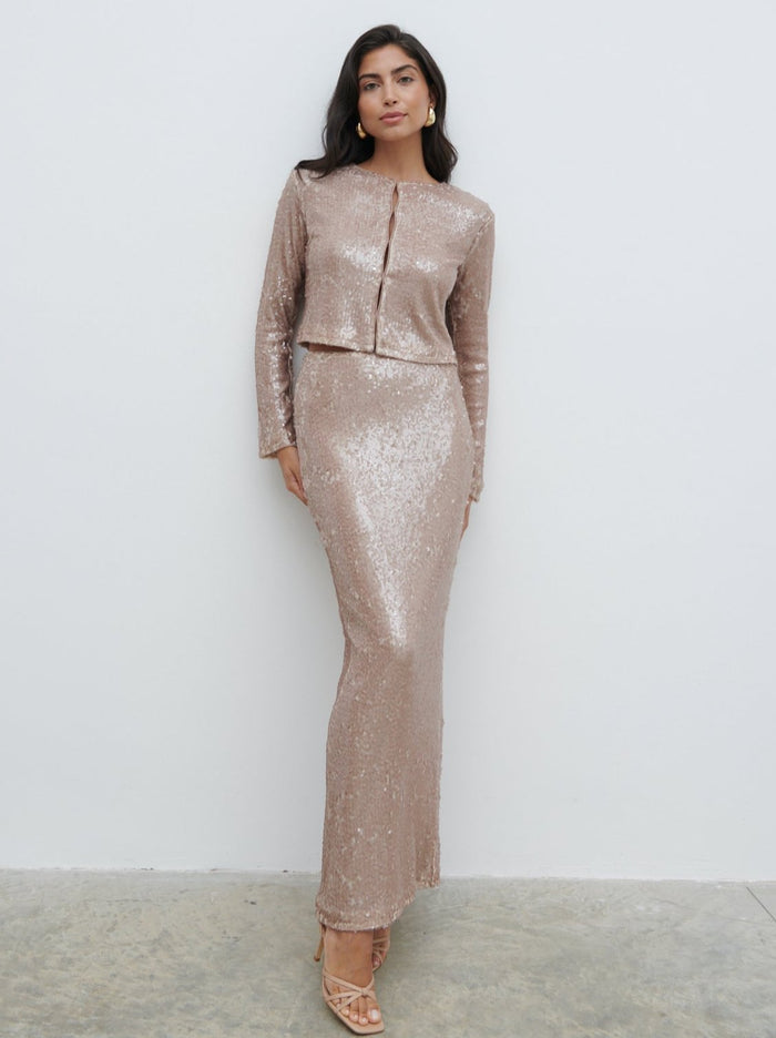 Lygia Is 5'9" & Wears Size UK 8|Brayden Sequin Cropped Cardigan - Beige