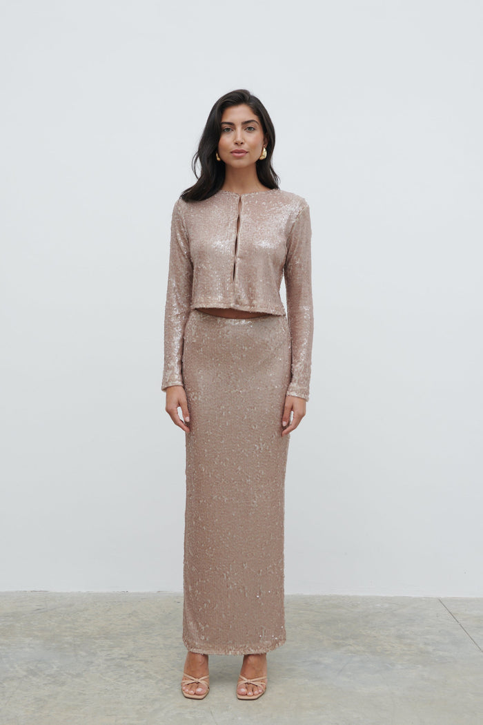 Lygia Is 5'9" & Wears Size UK 8|Brayden Sequin Cropped Cardigan - Beige