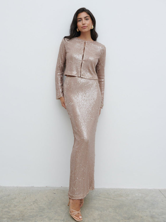 Lygia Is 5'9" & Wears Size UK 8|Brayden Sequin Maxi Skirt - Beige