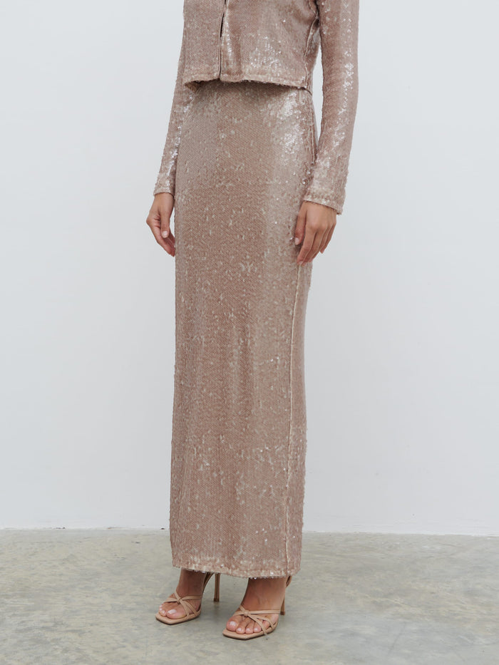 Lygia Is 5'9" & Wears Size UK 8|Brayden Sequin Maxi Skirt - Beige