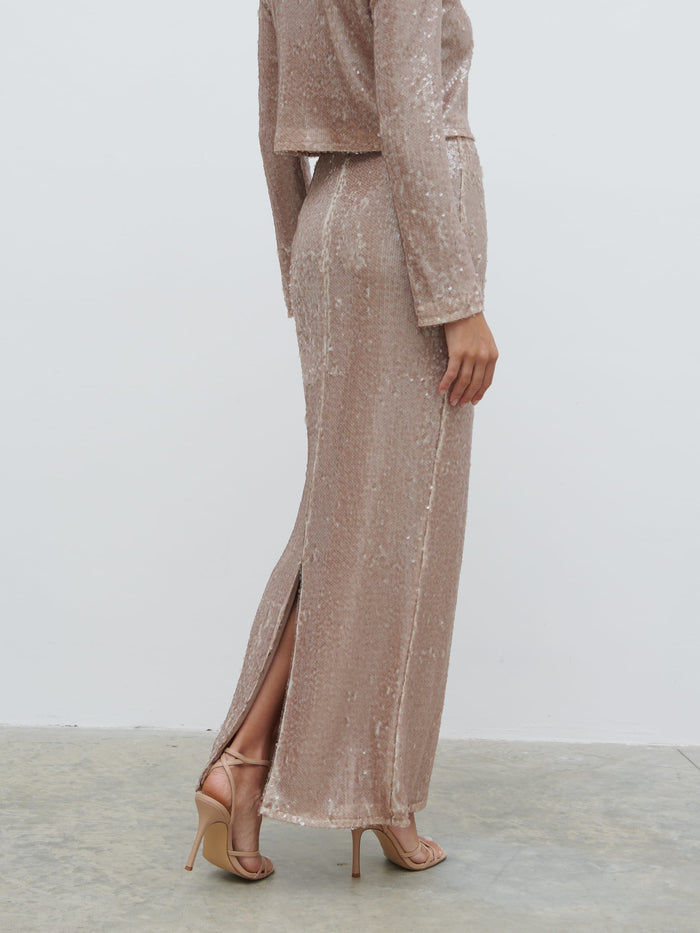 Lygia Is 5'9" & Wears Size UK 8|Brayden Sequin Maxi Skirt - Beige