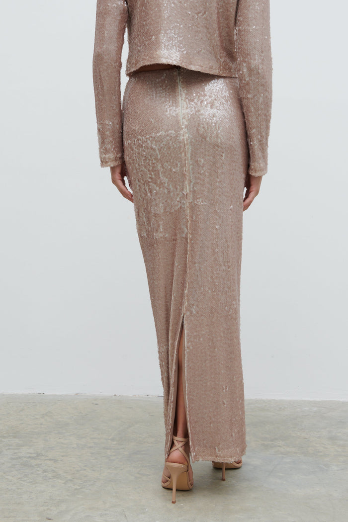Lygia Is 5'9" & Wears Size UK 8|Brayden Sequin Maxi Skirt - Beige
