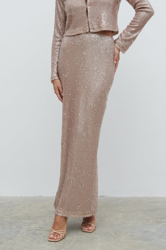 Lygia Is 5'9" & Wears Size UK 8|Brayden Sequin Maxi Skirt - Beige