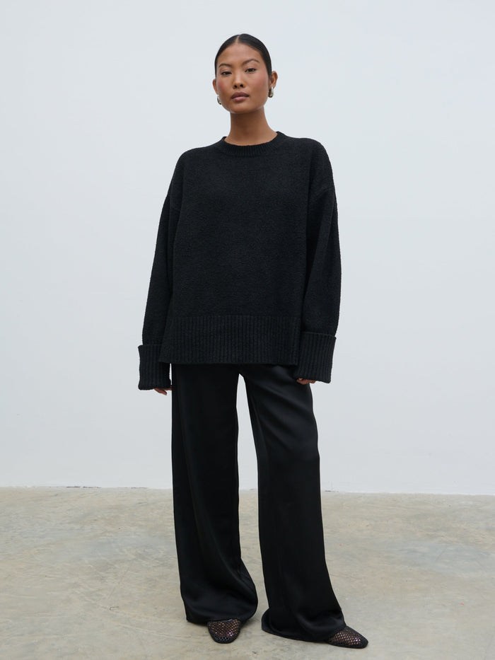 Elle Is 5'3" & Wears Size UK 8|Breya Satin Drawstring Trousers - Black
