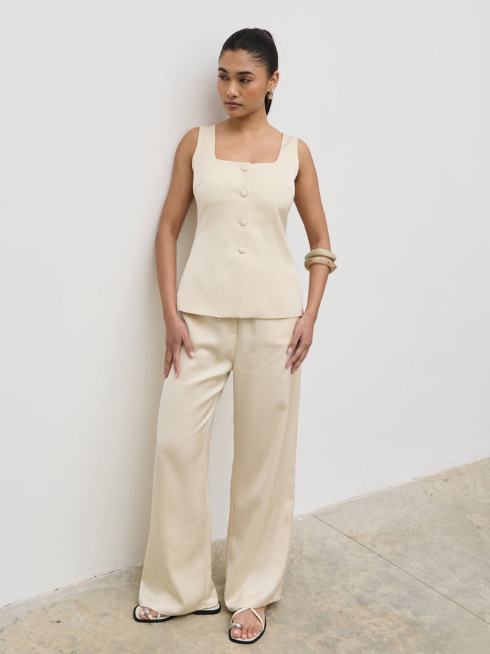 Candy Is 5'6" & Wears Size UK 8|Breya Satin Drawstring Trousers - Cream