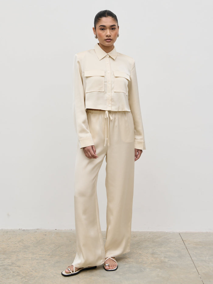 Candy Is 5'6" & Wears Size UK 8|Breya Satin Drawstring Trousers - Cream