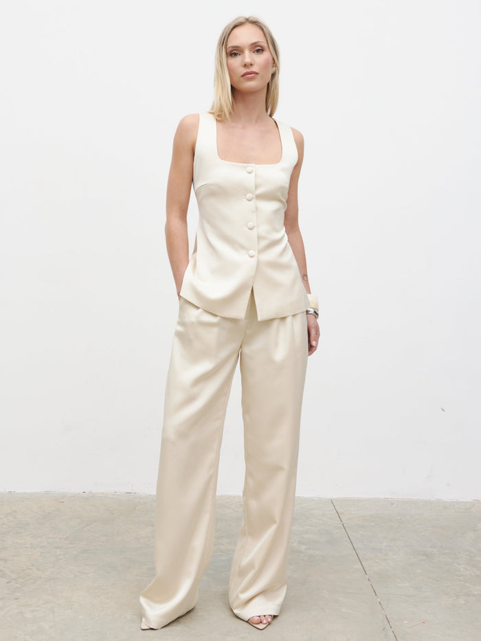 Honor is 5'4" & Wears Size UK 8|Breya Satin Waistcoat - Oyster