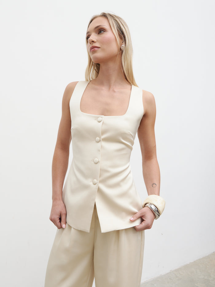 Honor is 5'4" & Wears Size UK 8|Breya Satin Waistcoat - Oyster