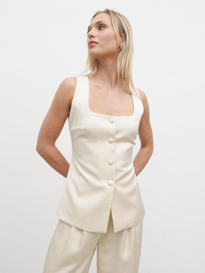 Honor is 5'4" & Wears Size UK 8|Breya Satin Waistcoat - Oyster