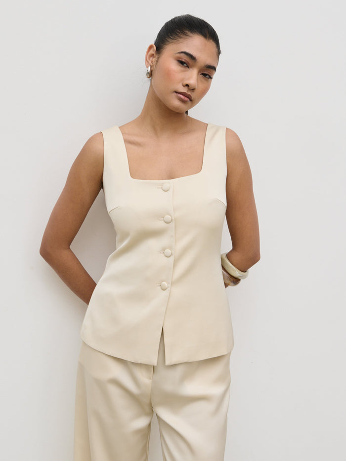 Candy Is 5'6" & Wears Size UK 8|Breya Satin Waistcoat - Oyster