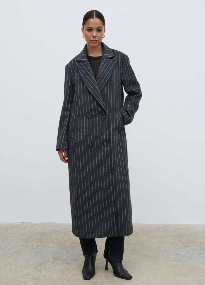 Elissa Is 5'8.5" & Wears Size UK S|Briar Pinstripe Top Coat - Charcoal and White