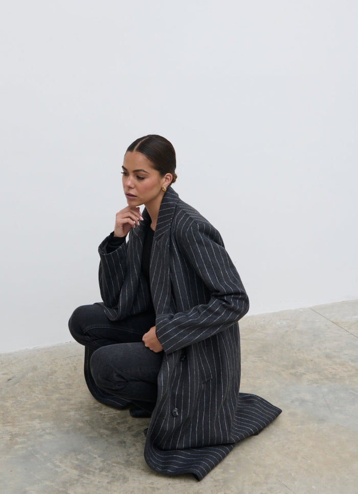 Elissa Is 5'8.5" & Wears Size UK S|Briar Pinstripe Top Coat - Charcoal and White
