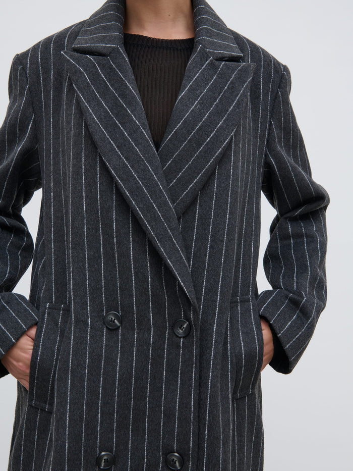 Elissa Is 5'8.5" & Wears Size UK S|Briar Pinstripe Top Coat - Charcoal and White