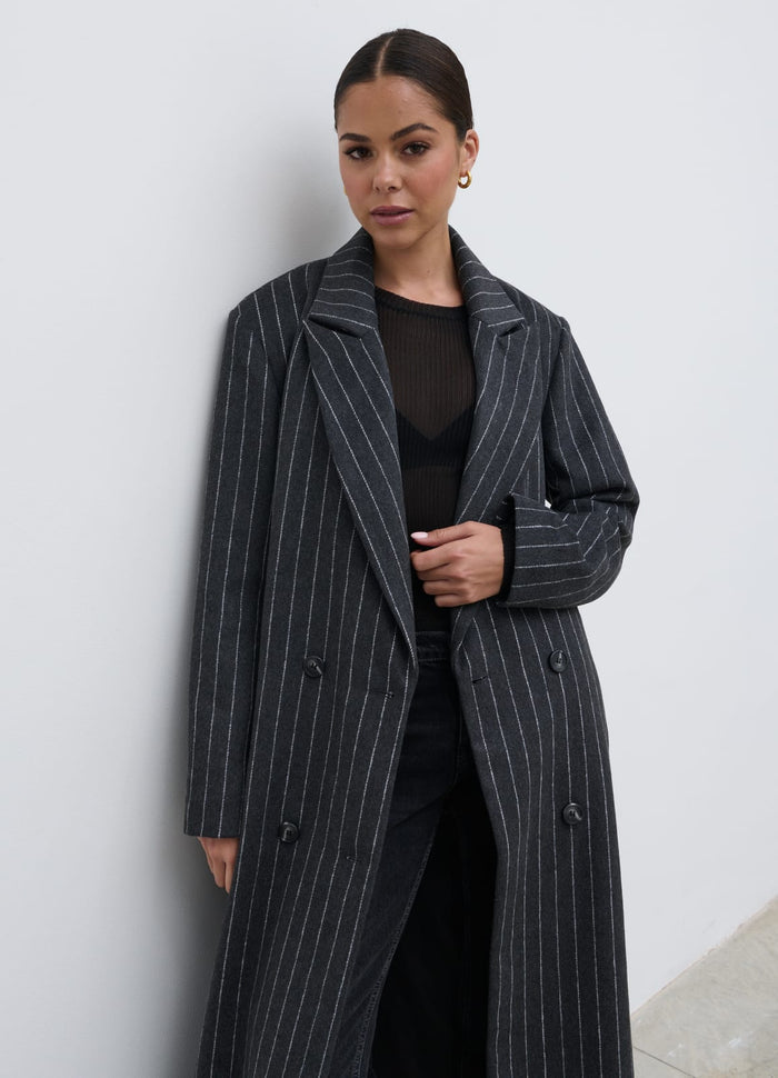 Elissa Is 5'8.5" & Wears Size UK S|Briar Pinstripe Top Coat - Charcoal and White