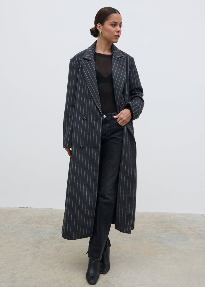 Elissa Is 5'8.5" & Wears Size UK S|Briar Pinstripe Top Coat - Charcoal and White