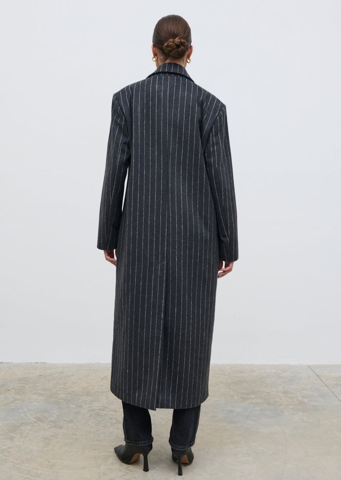 Elissa Is 5'8.5" & Wears Size UK S|Briar Pinstripe Top Coat - Charcoal and White