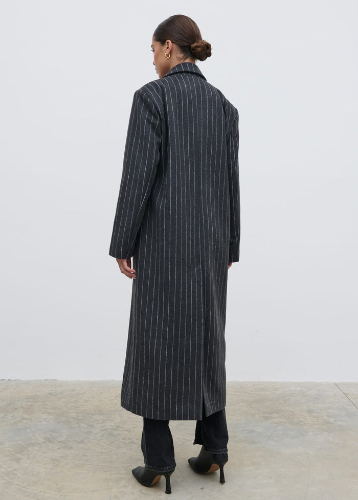 Elissa Is 5'8.5" & Wears Size UK S|Briar Pinstripe Top Coat - Charcoal and White