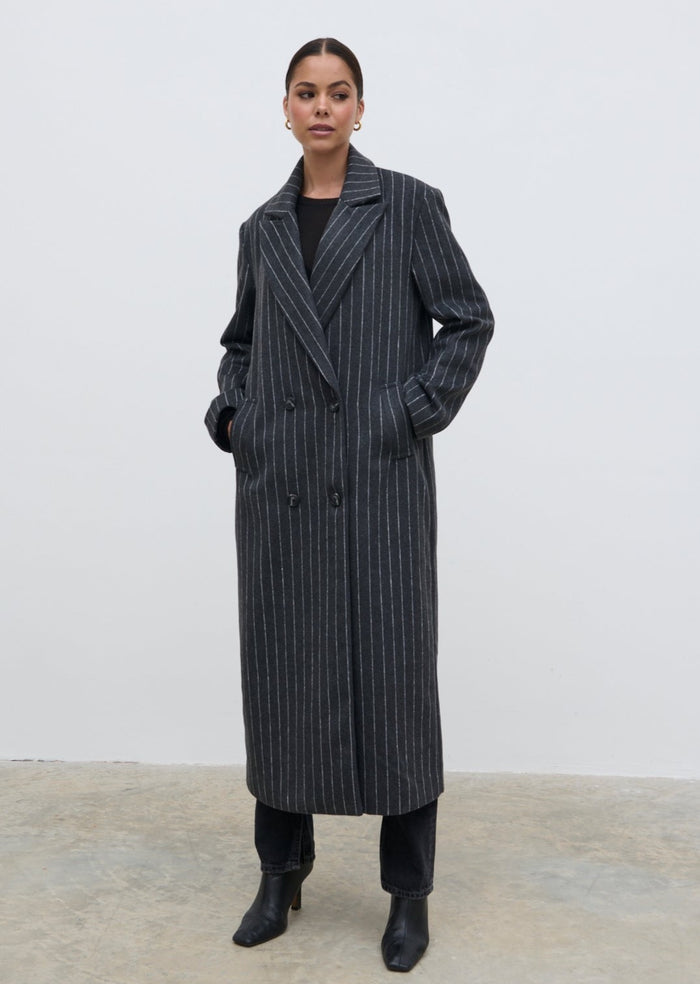 Elissa Is 5'8.5" & Wears Size UK S|Briar Pinstripe Top Coat - Charcoal and White